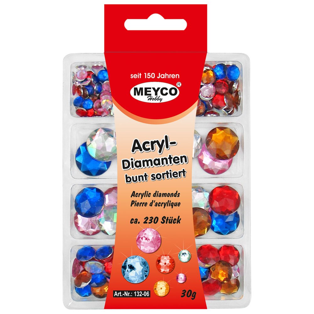 Set accesorii creatie, strasuri/diamante acrilice, Ø 6-18mm, 230 buc, multicolor, Meyco