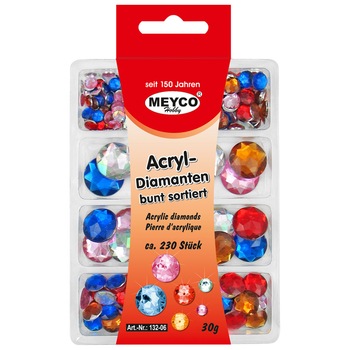 Set accesorii creatie, strasuri/diamante acrilice, Ø 6-18mm, 230 buc, multicolor, Meyco Set accesorii creatie, strasuri/diamante acrilice, Ø 6-18mm, 230 buc, multicolor, Meyco
