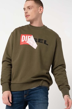 Diesel, Bluza sport cu imprimeu logo si decolteu la baza gatului Samy, Verde militar/rosu/negru Diesel, Bluza sport cu imprimeu logo si decolteu la baza gatului Samy, Verde militar/rosu/negru