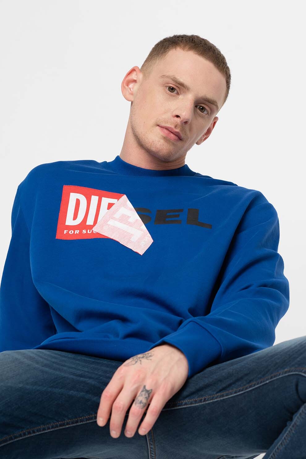 Diesel, Bluza sport cu imprimeu logo si decolteu la baza gatului Samy, Albastru royal/Rosu/Alb