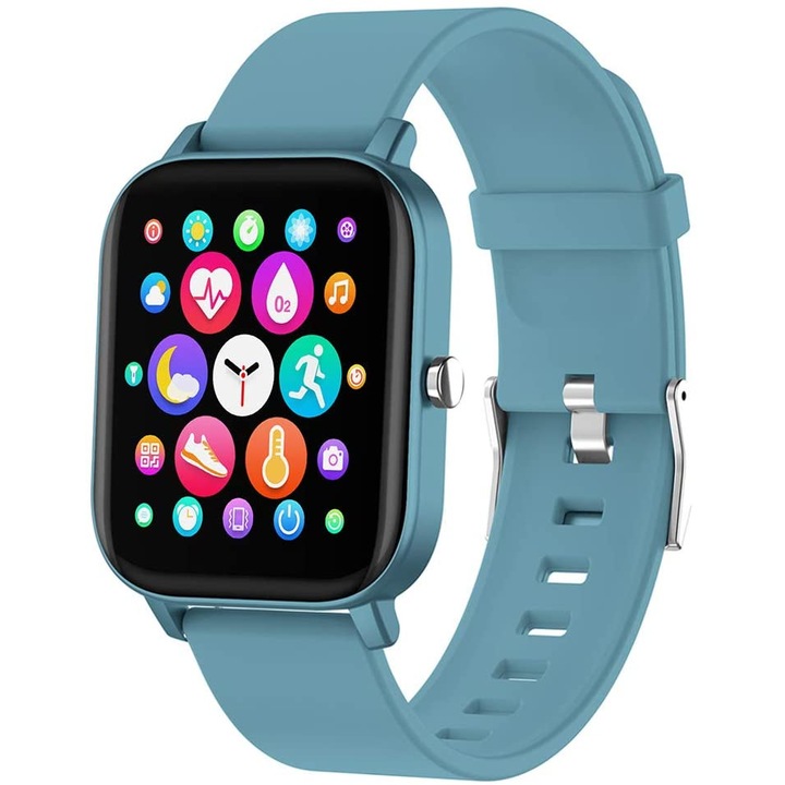 Ceas SmartWatch si Bratara Fitness 2in1 SmartVIBE™ P8FIT, 1.4" FULL Touch, Functie Oximetru SpO2, Termometru, Notificari App, Monitorizare Ritm Cardiac, Monitorizare Somn, Afisare Vreme, Player Audio, Cronometru, Blue Edition
