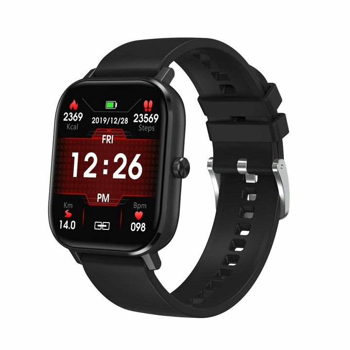 Ceas SmartWatch si Bratara Fitness 2in1 SmartVIBE™ P8FIT, 1.4" FULL Touch, Functie Oximetru SpO2, Termometru, Notificari App, Monitorizare Ritm Cardiac, Monitorizare Somn, Afisare Vreme, Player Audio, Cronometru, Black Edition