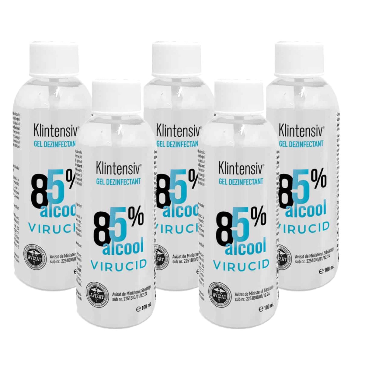 Set 5 Gel dezinfectant KLINTENSIV la 100 ml pentru maini si tegumente cu 85% alcool, Avizat MS