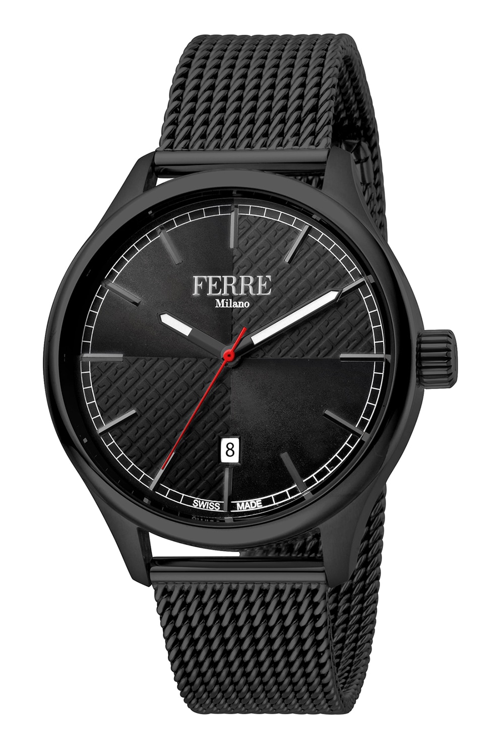 Ferre Milano, Ceas analog din otel inoxidabil cu bratara cu model plasa, Negru
