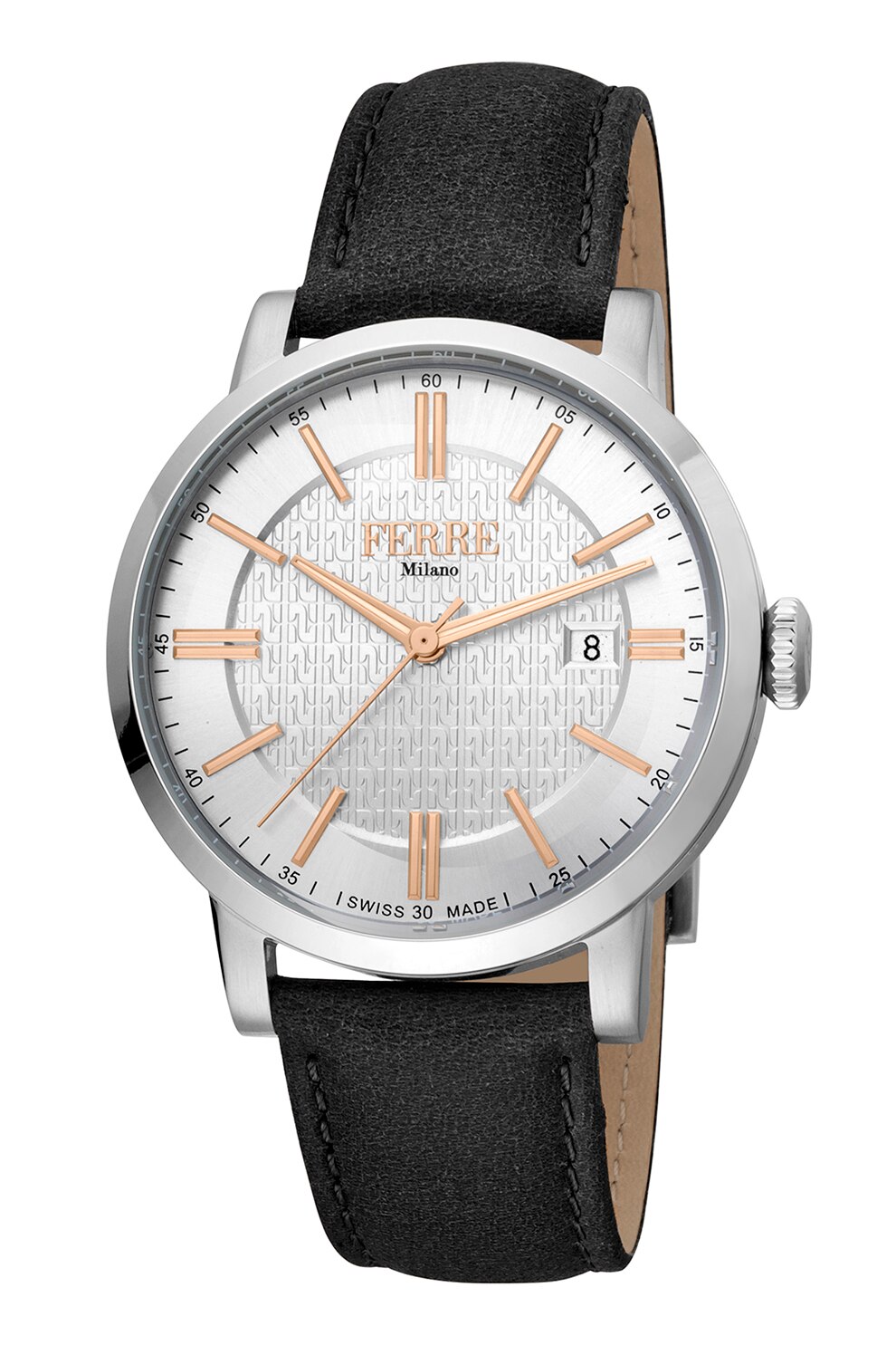 Ferre Milano, Ceas quartz cu o curea de piele, Negru/Argintiu