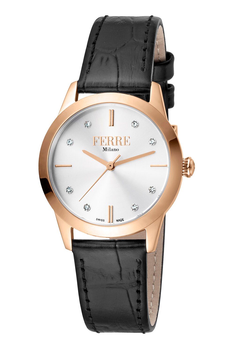 Ferre Milano, Ceas cu o curea de piele si zirconia, Negru/Auriu