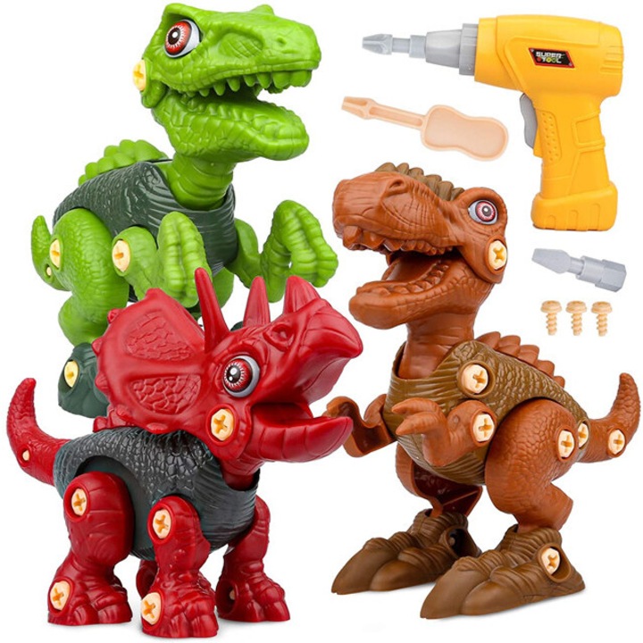 Set trei dinozauri Swissant, Tyrannosaurus Rex, Velociraptor si Triceratops, Baterii, Multicolor