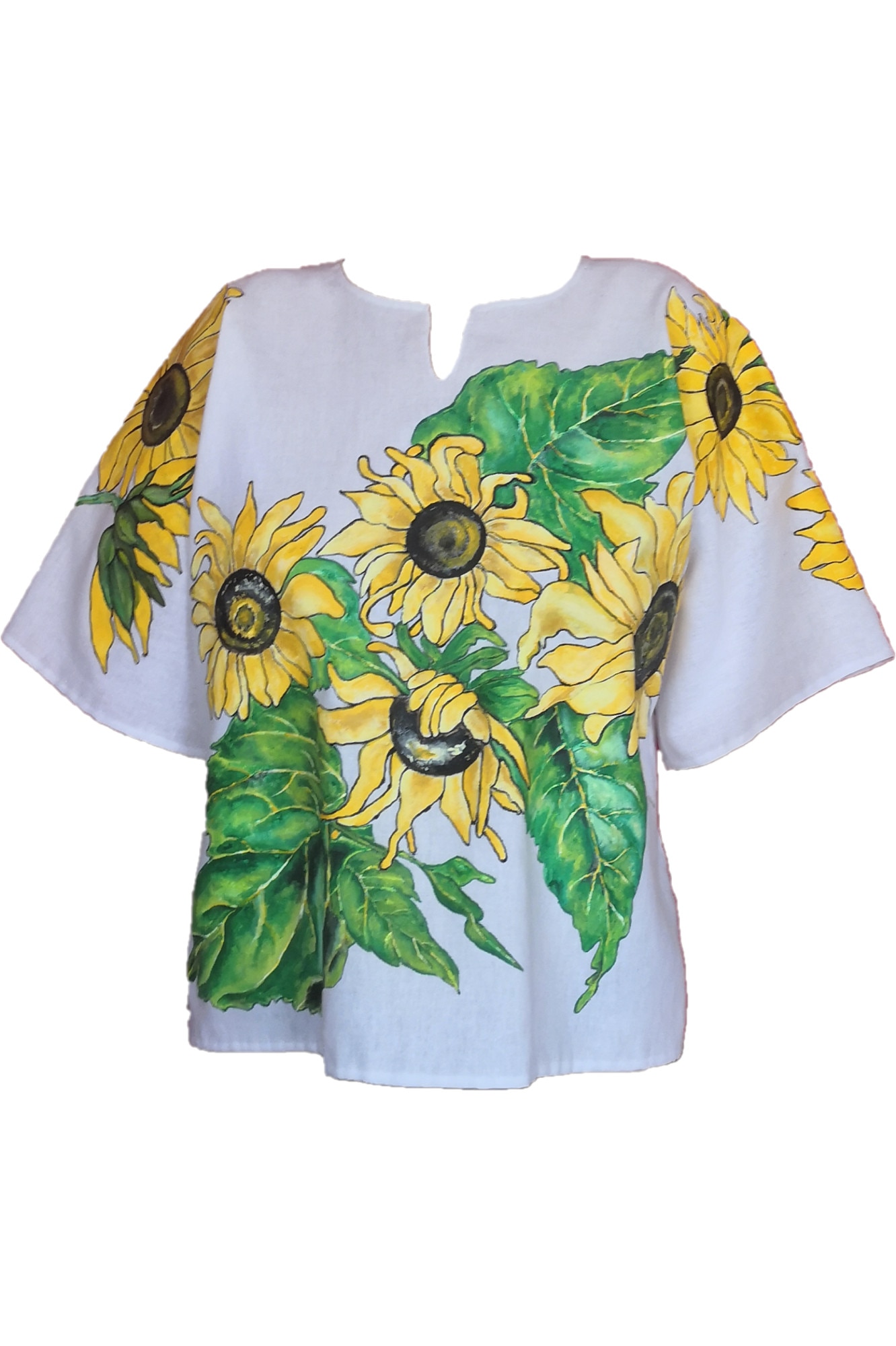 Bluza de dama tip ie, Flori Soare, pictata manual cu floarea soarelui pe panza din bumbac, produs unicat, marimea M-L - eMAG.ro