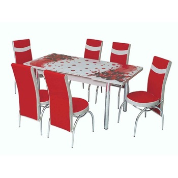 Set masa extensibila cu 6 scaune piele eco blat geam securizat Home-Global , 170x80x70 cm ,desen flor, rosu/alb Set masa extensibila cu 6 scaune piele eco blat geam securizat Home-Global , 170x80x70 cm ,desen flor, rosu/alb