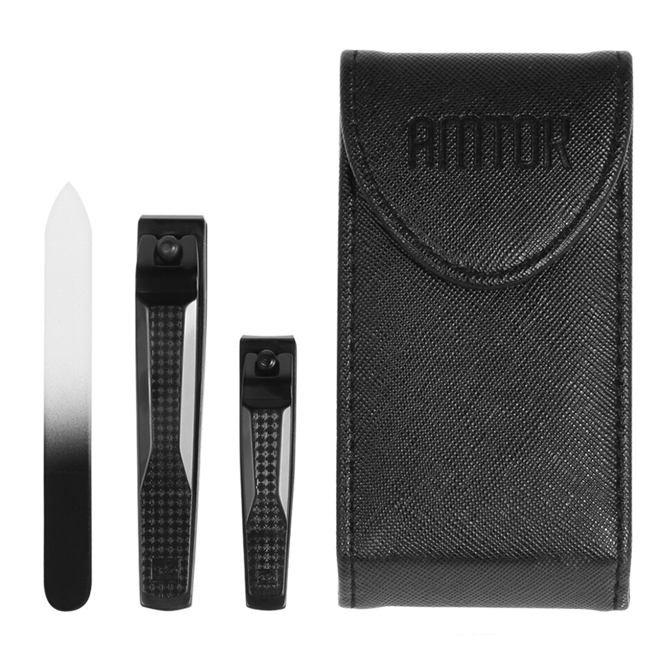 Trusa manichiura si pedichiura, 3 piese, Amtok®, Cutie din piele de depozitare, Lavabil, Portabil, Otel inoxidabil, Negru