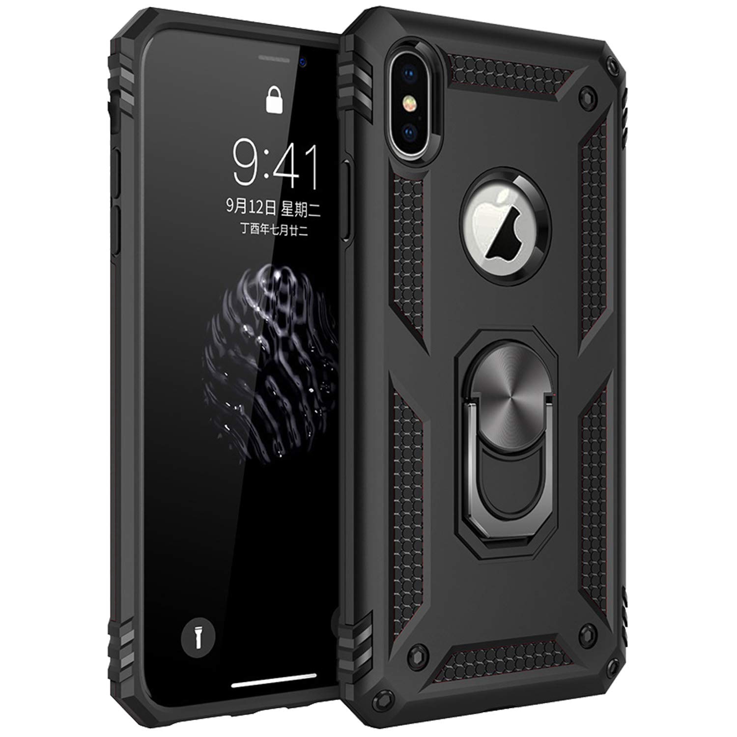 Husa ARMOR antisoc model HYBRID cu inel si placuta metalica pentru iPhone XS Max , Negru