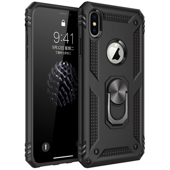 Husa ARMOR antisoc model HYBRID cu inel si placuta metalica pentru iPhone XS Max , Negru Husa ARMOR antisoc model HYBRID cu inel si placuta metalica pentru iPhone XS Max , Negru