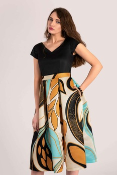 Closet LONDON, Rochie evazata cu aspect 2in1, Negru/Maro nisip/Galben mustar Closet LONDON, Rochie evazata cu aspect 2in1, Negru/Maro nisip/Galben mustar