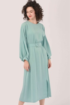 Closet LONDON, Rochie midi cu o curea si maneci bishop, Turcoaz Closet LONDON, Rochie midi cu o curea si maneci bishop, Turcoaz