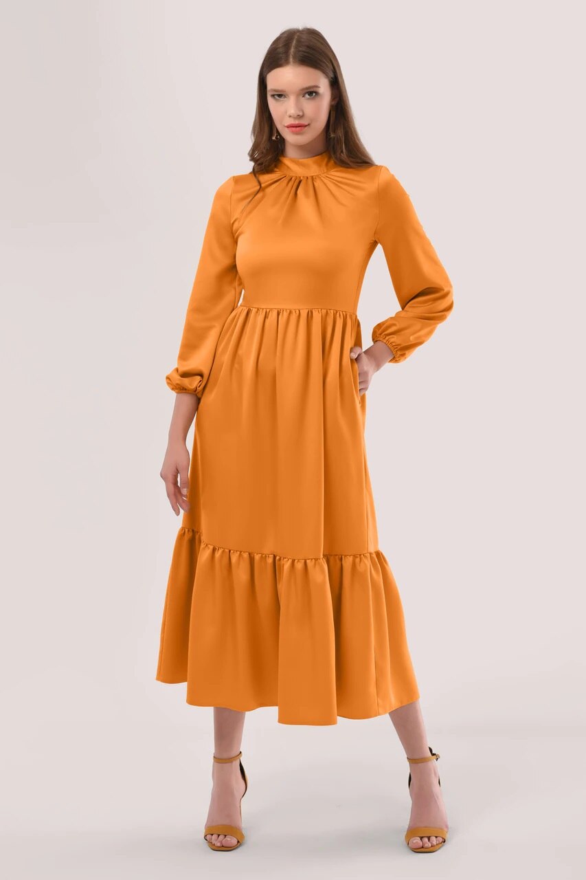 Closet LONDON, Rochie midi evazata cu guler scurt, Ocru, 16 eMAG.ro