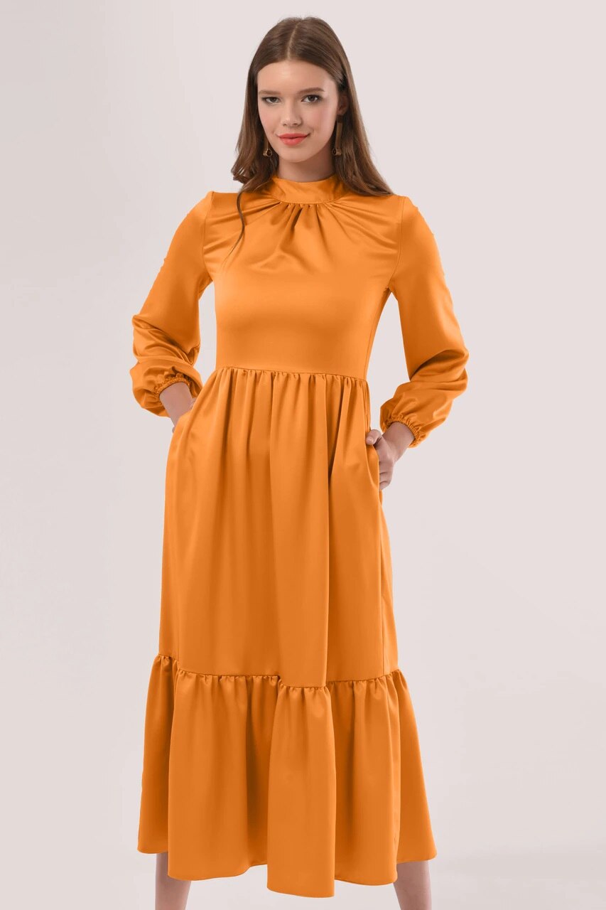 Closet LONDON, Rochie midi evazata cu guler scurt, Ocru, M