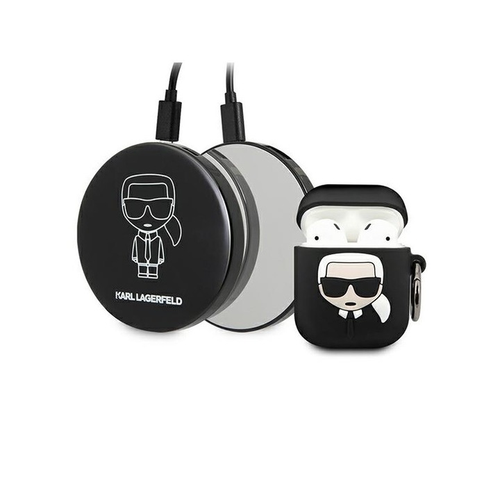 Husa Si Baterie Externa Premium Karl Lagerfeld Pentru Airpods 1 / 2, Negru