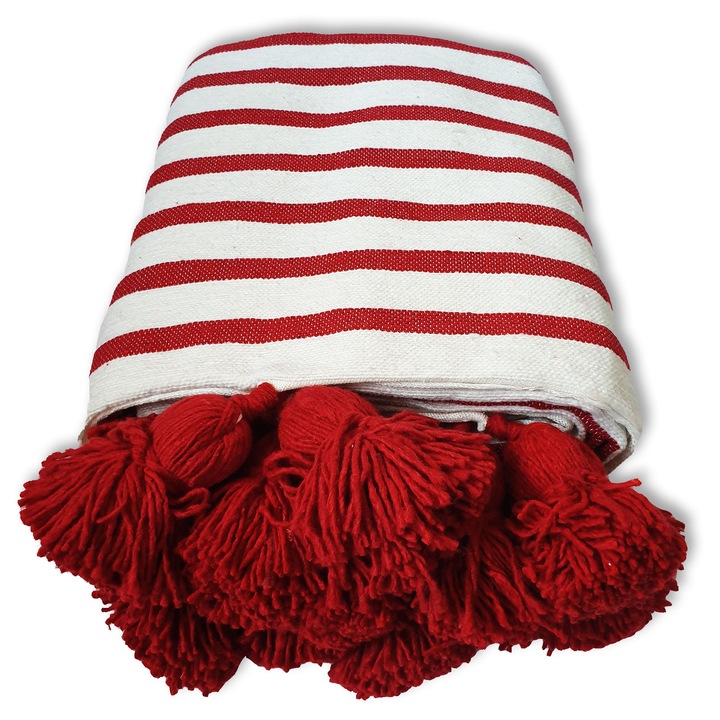 Patura Maroc, tesuta manual, bumbac, alb/rosu, 250x150 cm