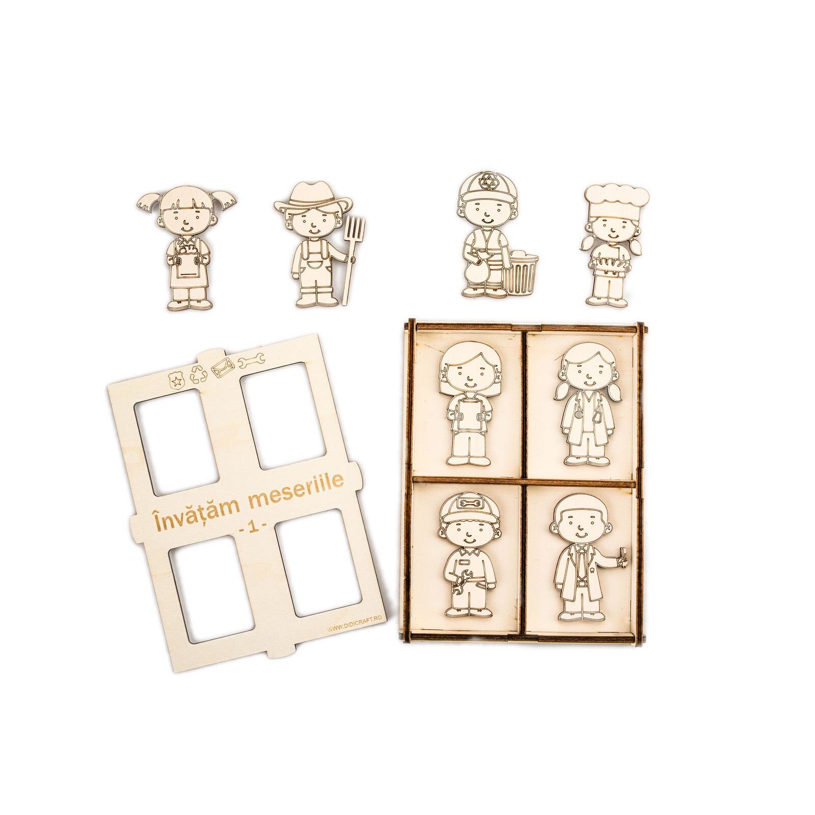 Set din lemn pentru pictat, decorat si colorat, Invatam meseriile - Varianta 1, + 3 ani, 9 piese