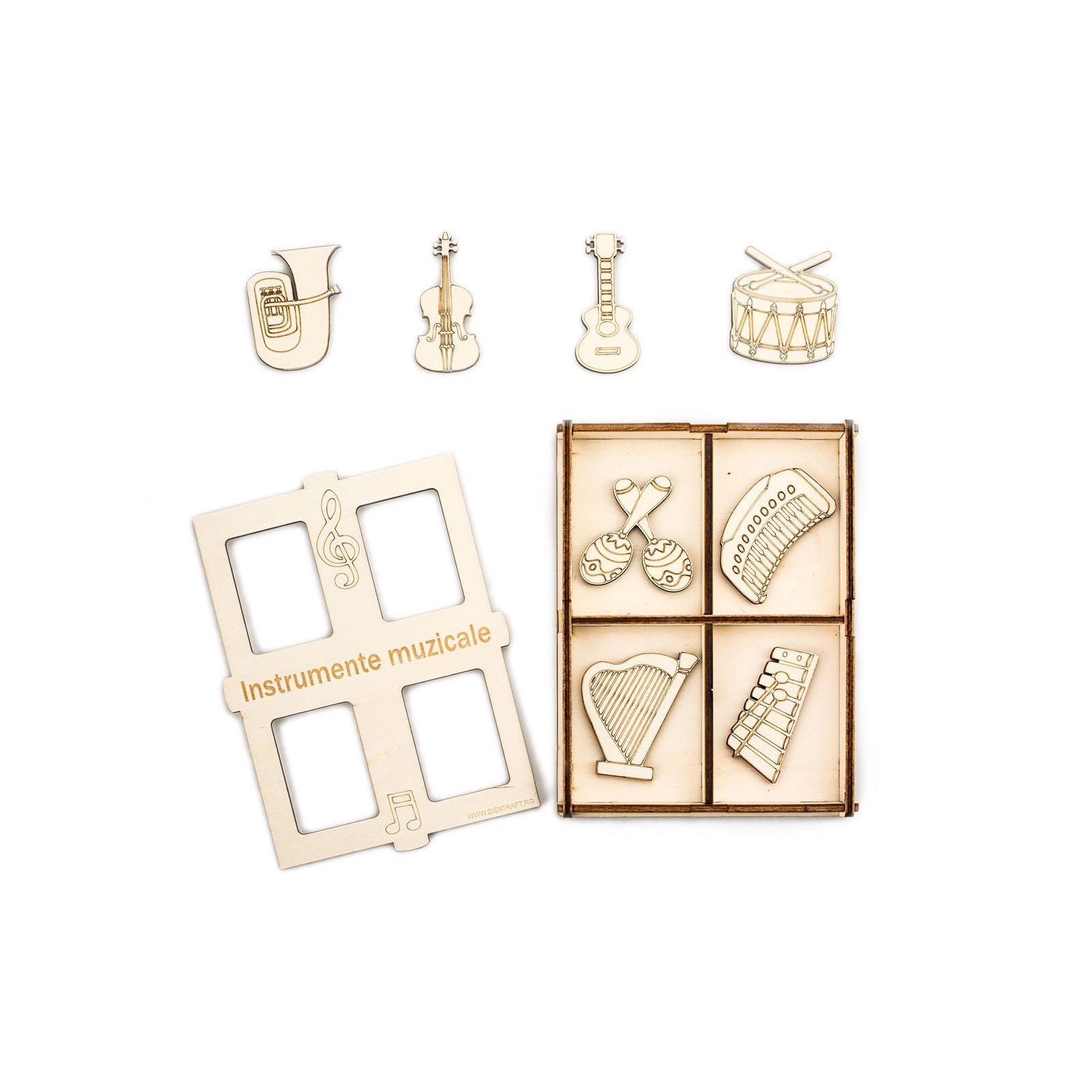 Set din lemn pentru pictat, decorat si colorat, Instrumente muzicale, + 3 ani, 9 piese