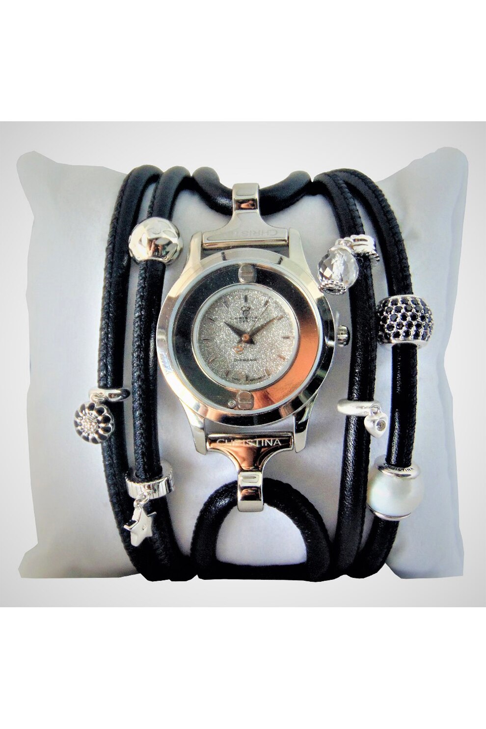 Christina Jewelry&Watches, Ceas cu o curea infasurabila de piele decorat cu cristale si un diamant, Negru/Argintiu