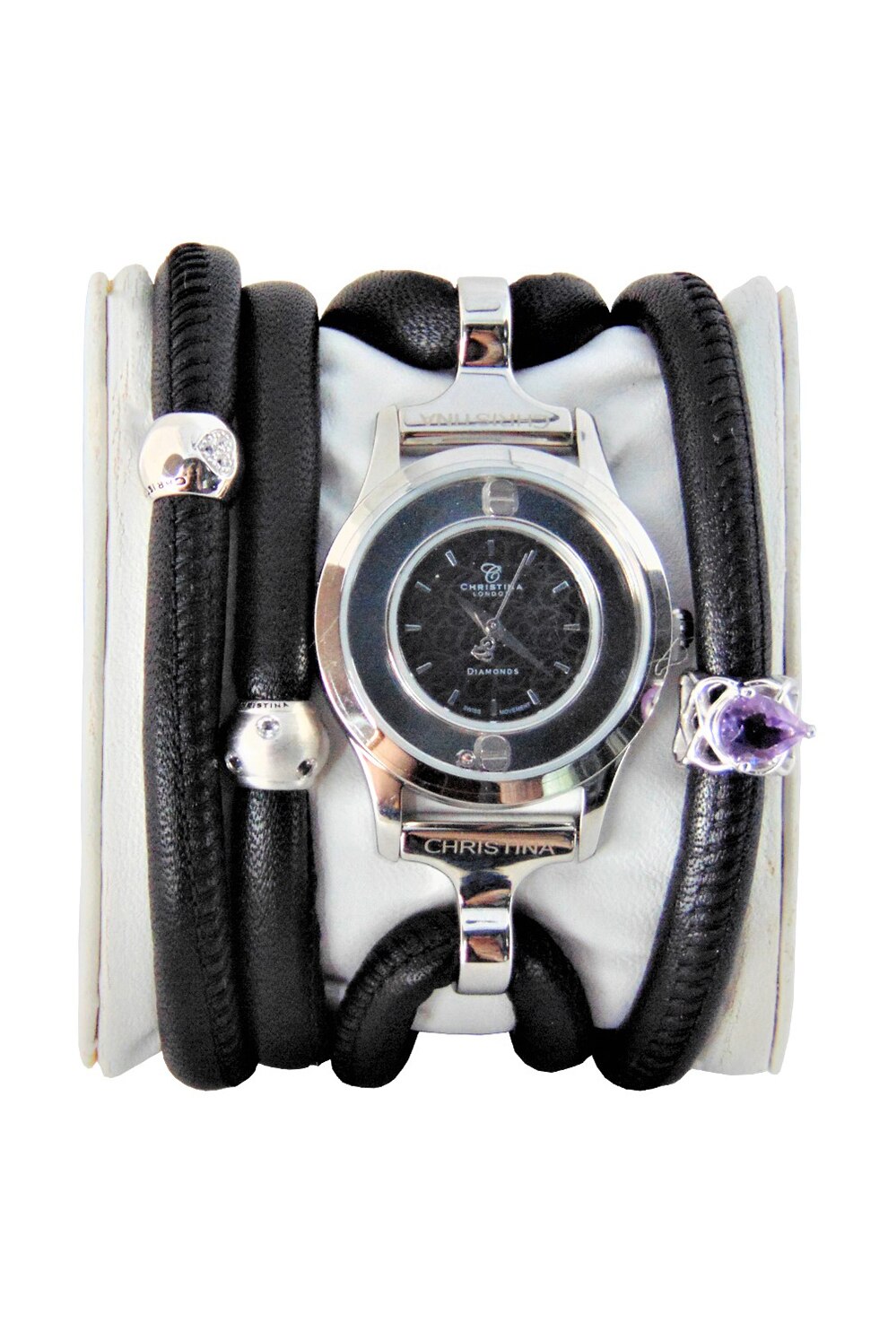 Christina Jewelry&Watches, Ceas cu o curea de piele decorat cu un diamant, Negru/Argintiu/Purpuriu
