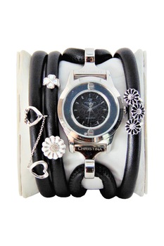 Christina Jewelry&Watches, Ceas cu o curea de piele decorat cu un diamant, Negru/Argintiu Christina Jewelry&Watches, Ceas cu o curea de piele decorat cu un diamant, Negru/Argintiu