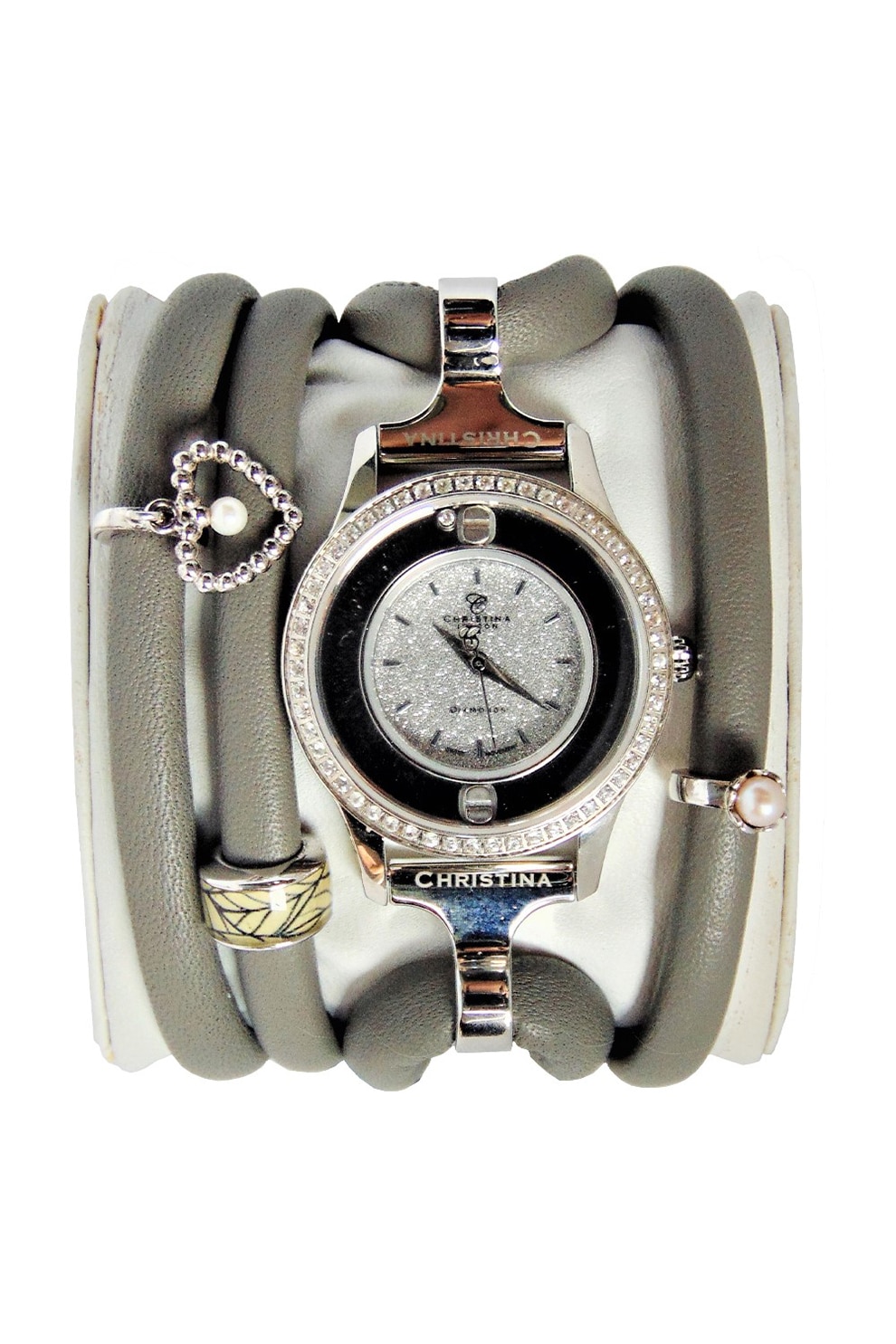 Christina Jewelry&Watches, Ceas cu o curea infasurabila de piele decorat cu cristale si un diamant, Gri/Argintiu