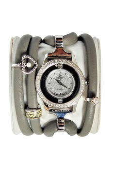 Christina Jewelry&Watches, Ceas cu o curea infasurabila de piele decorat cu cristale si un diamant, Gri/Argintiu Christina Jewelry&Watches, Ceas cu o curea infasurabila de piele decorat cu cristale si un diamant, Gri/Argintiu