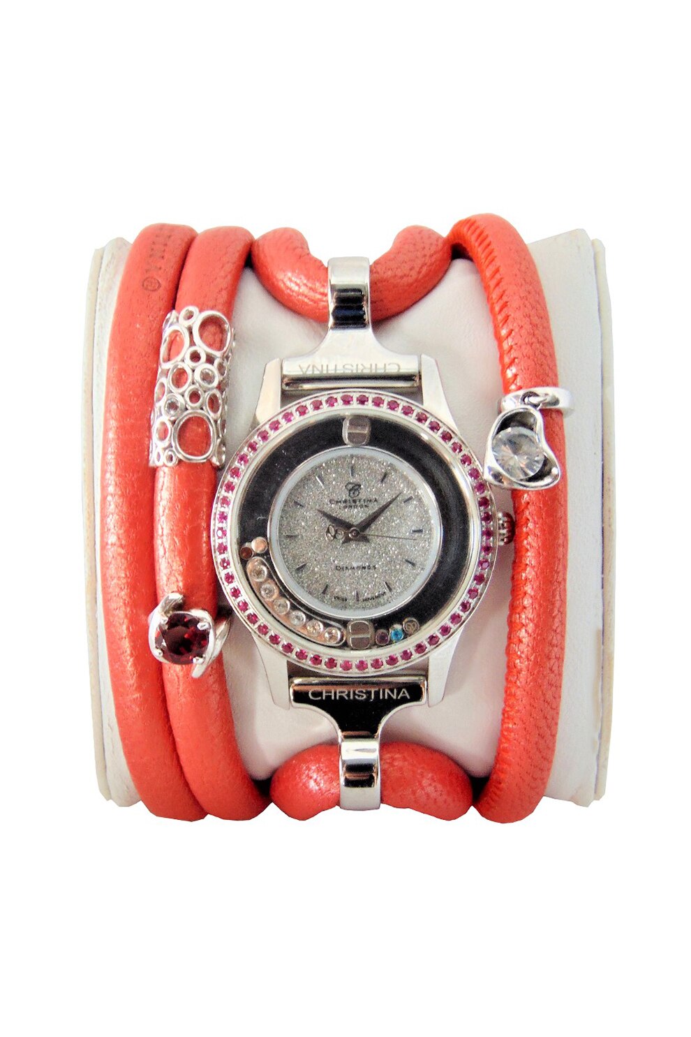 Christina Jewelry&Watches, Ceas cu o curea de piele decorat cu un diamant, rubine, safire si topaze, Oranj/argintiu