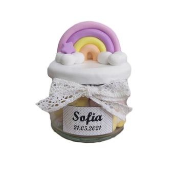 Set marturii pentru botez, borcan bomboane , 40 g, Curcubeu, 10 bucati Set marturii pentru botez, borcan bomboane , 40 g, Curcubeu, 10 bucati