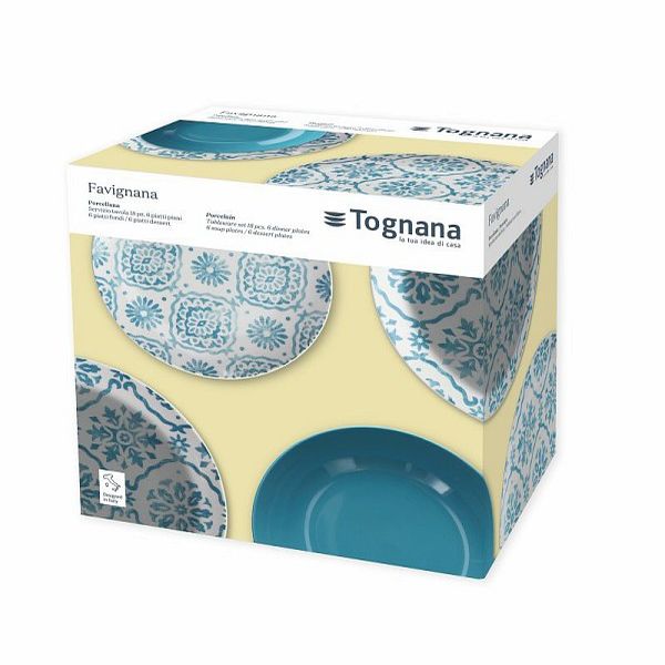 Set vesela,18 piese, Favignan, alb/albastru, portelan