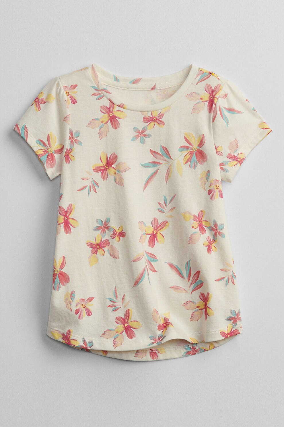 GAP, Tricou cu decolteu la baza gatului si imprimeu floral, Bej deschis/Roz