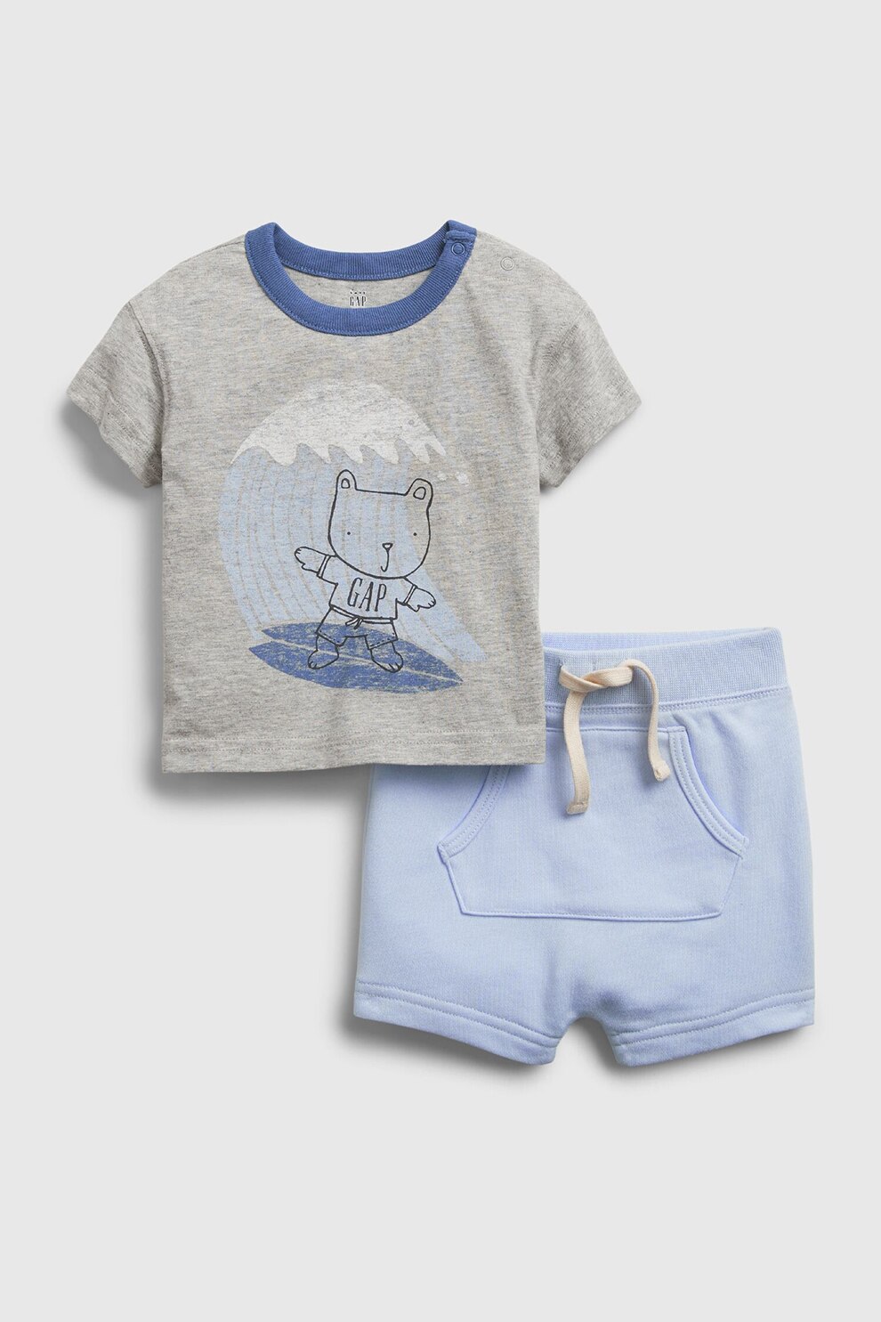 GAP, Set de tricou si pantaloni scurti cu imprimeu grafic, Gri melange/Albastru pastel