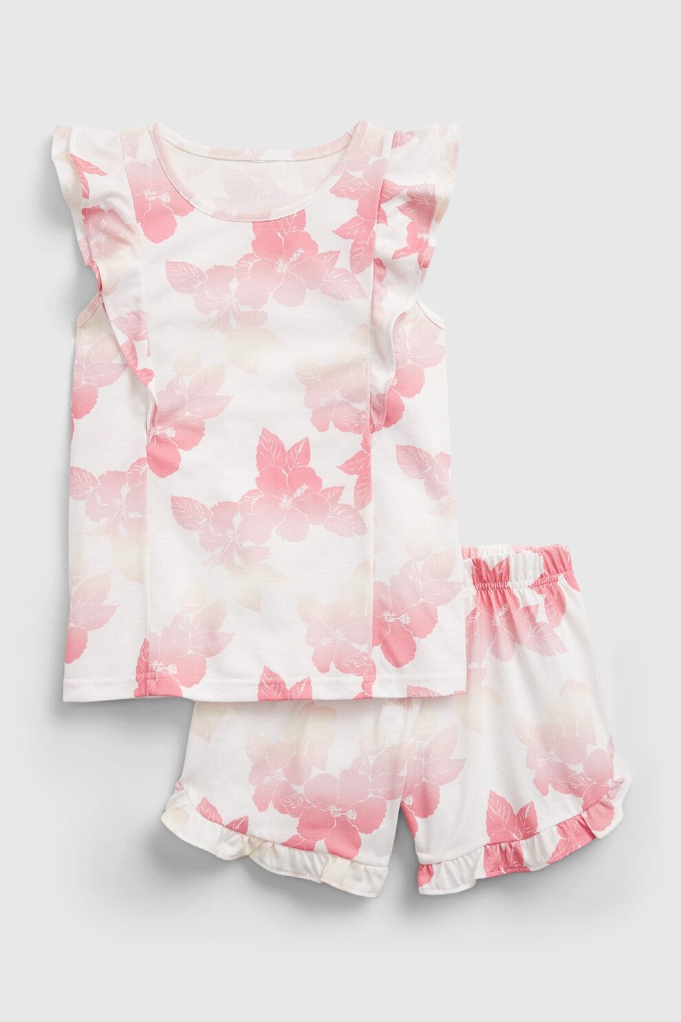 GAP, Pijama cu model floral si maneci butterfly, Alb/Roz