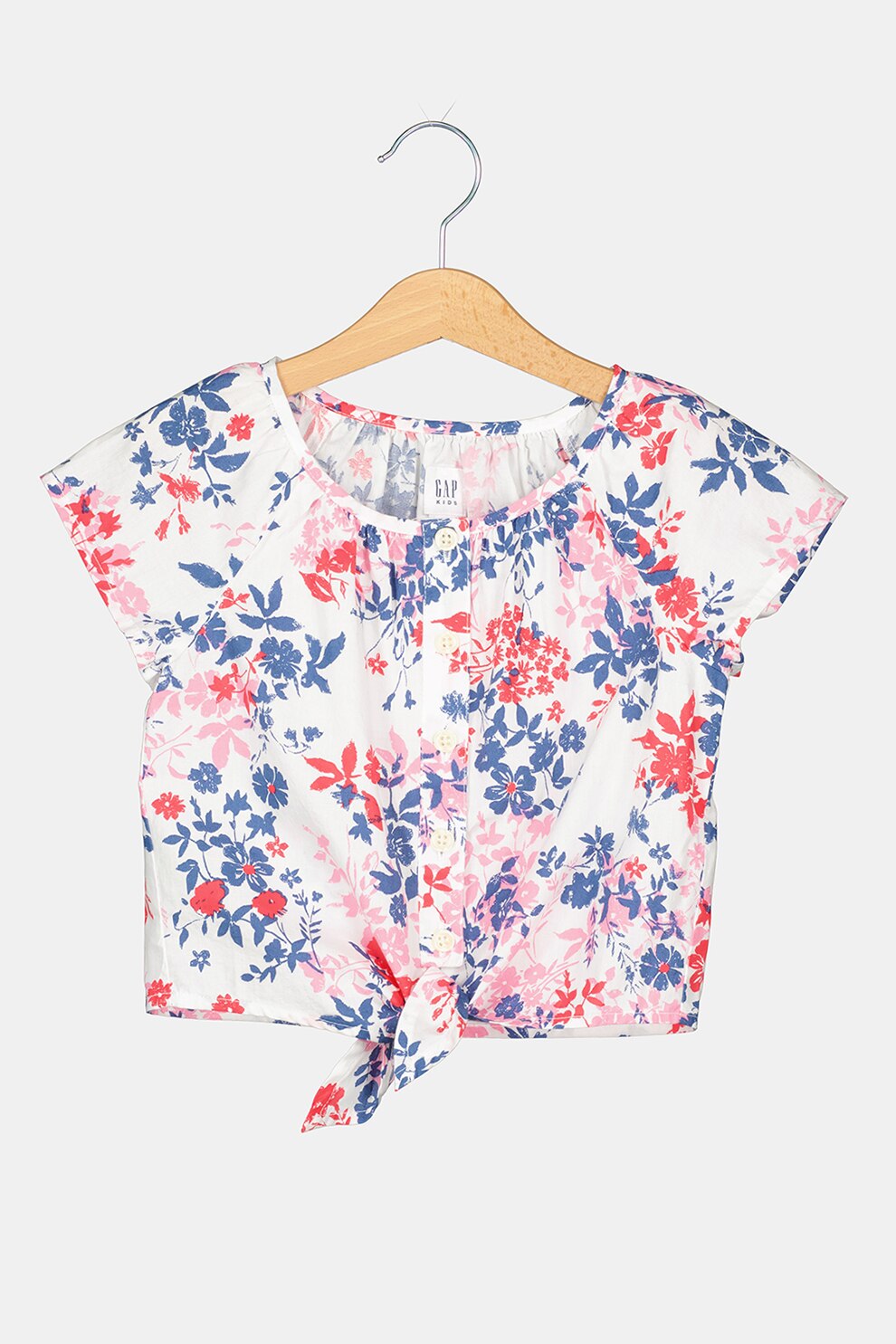 GAP, Bluza cu maneci scurte cu model floral si nod, Alb/Albastru prafuit/Roz aprins