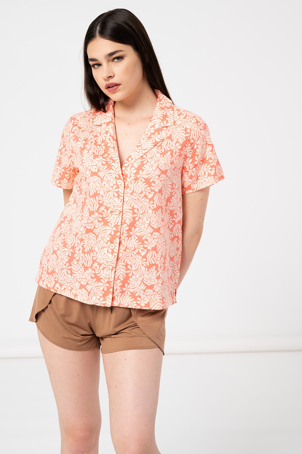 GAP, Bluza de pijama cu imprimeu si maneci scurte, Roz somon/Alb