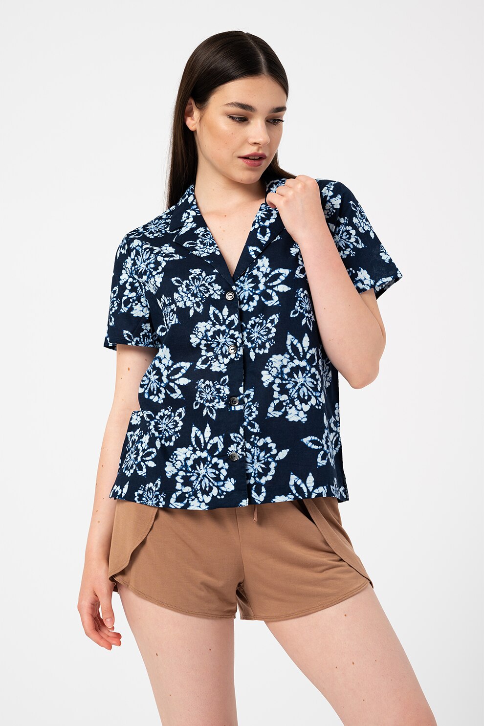 GAP, Bluza de pijama cu imprimeu si maneci scurte, Bleumarin/Alb prafuit