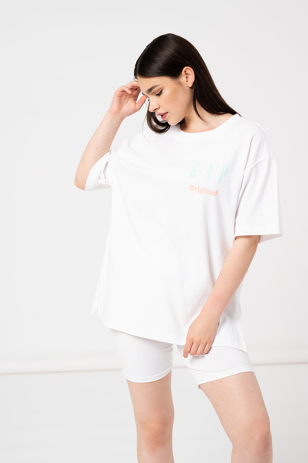 GAP, Tricou supradimensionat cu imprimeu logo, Alb/Verde electric/Roz somon