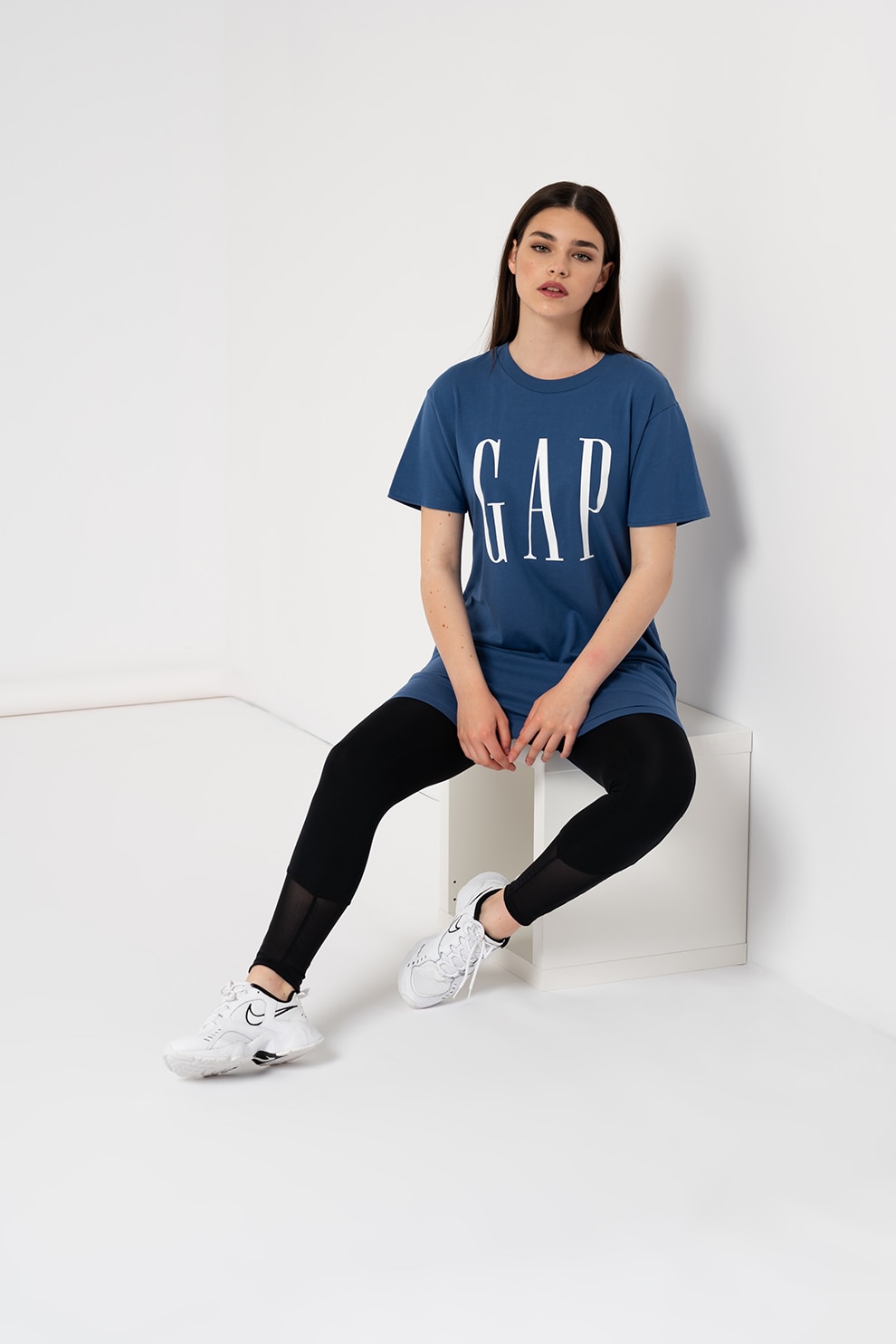 GAP, Rochie-tricou cu imprimeu logo, albastru inchis/alb