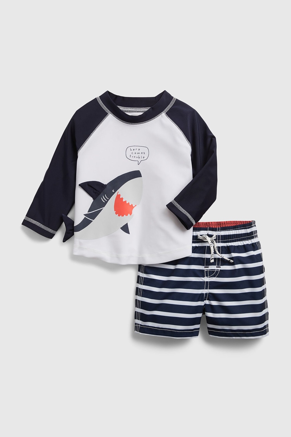 GAP, Set de bluza de baie cu model si pantaloni scurti, Alb/Bleumarin, 60-70 CM