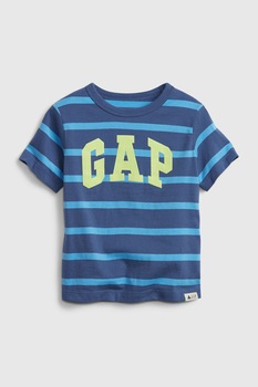 GAP, Tricou de bumbac organic in dungi cu imprimeu logo, Albastru, 90 CM GAP, Tricou de bumbac organic in dungi cu imprimeu logo, Albastru, 90 CM