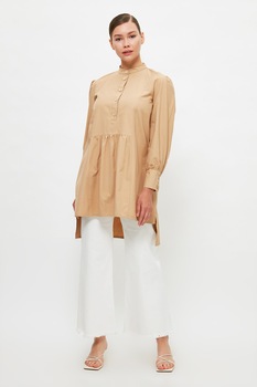 Trendyol, Bluza lunga tip tunica cu terminatie asimetrica, Bej, S Trendyol, Bluza lunga tip tunica cu terminatie asimetrica, Bej, S