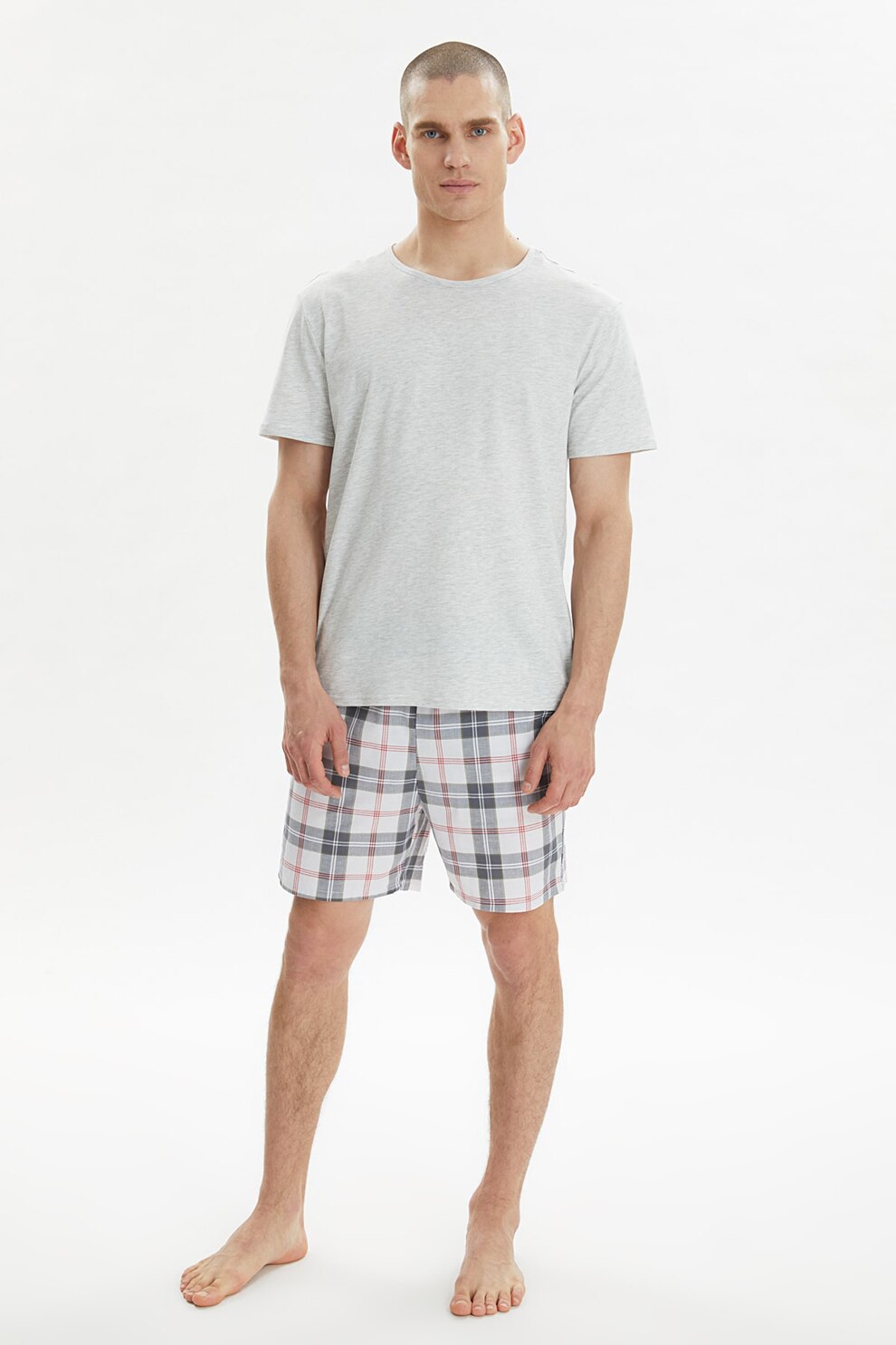 Trendyol, Pijama cu pantaloni in carouri, Gri melange/Rosu, S