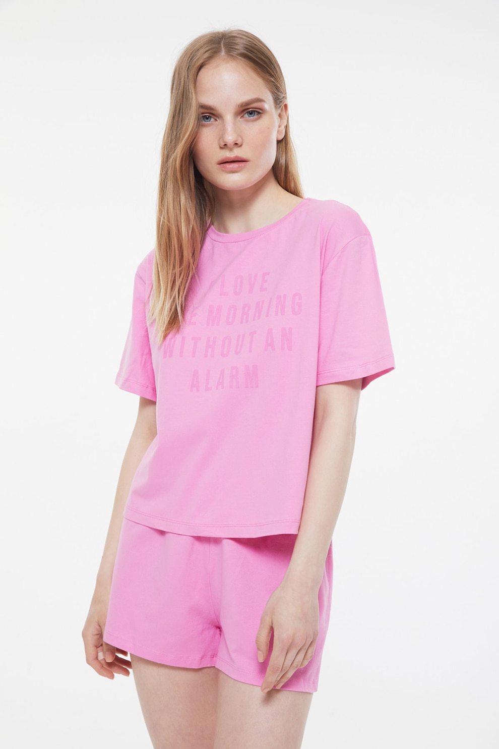 Trendyol, Pijama cu maneci scurte si imprimeu text, Roz