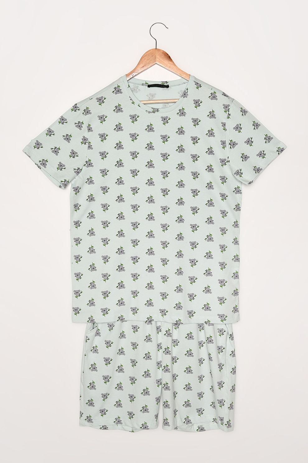 Trendyol, Pijama cu ursulet koala, Verde pal/Albastru azur