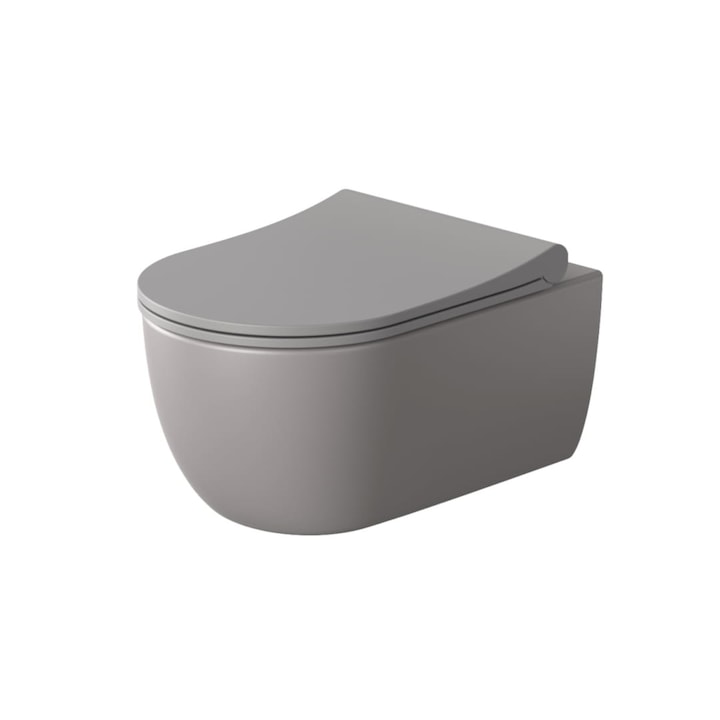 EGO Michael Rimless WC-csésze, 54x35 cm, Szürke, Fél matt, Falra rögzíthető, Soft-close, Könnyen levehető duroplast fedél