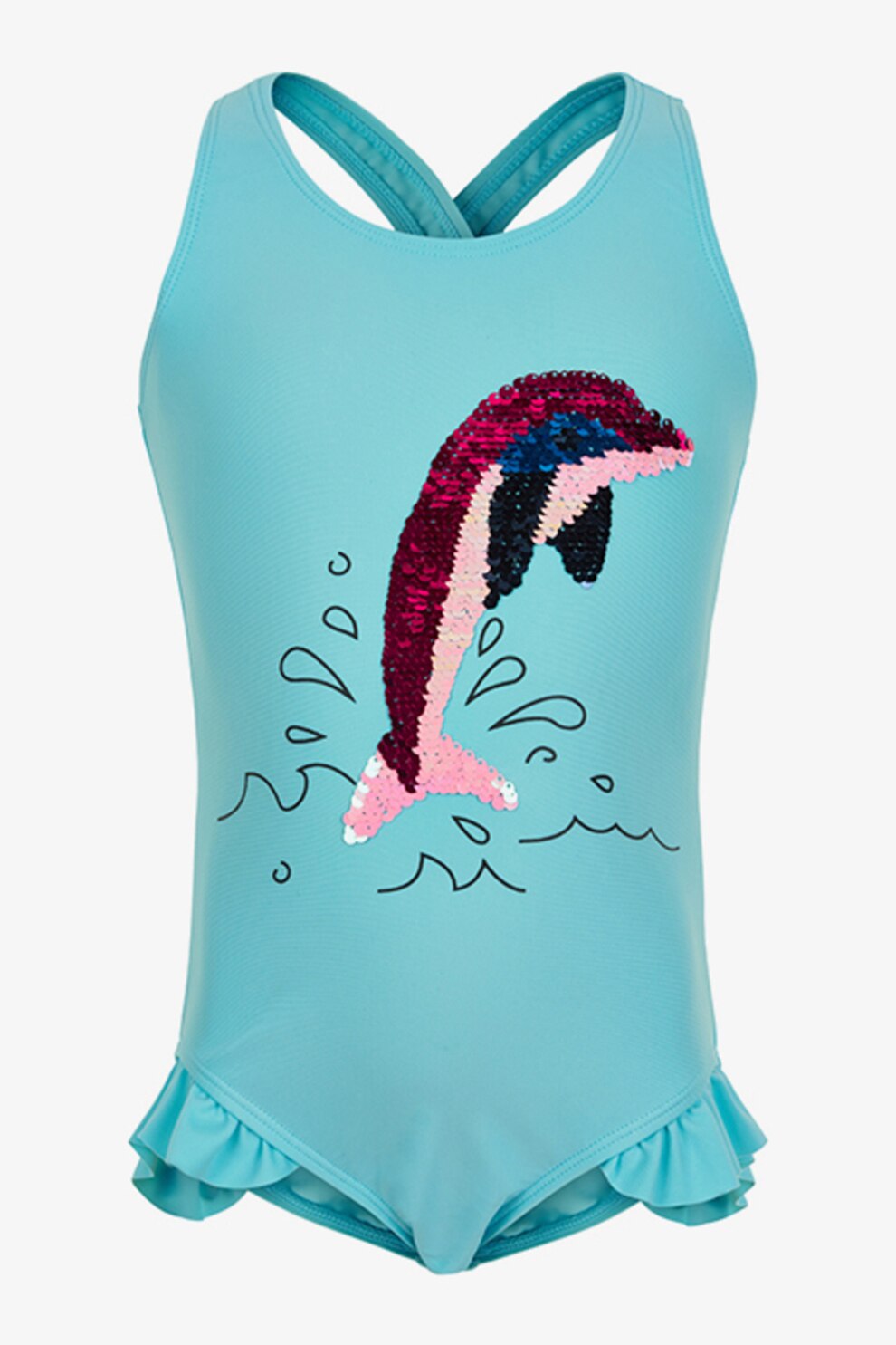Color Kids, Costum de baie intreg cu paiete, Aquamarin/Negru