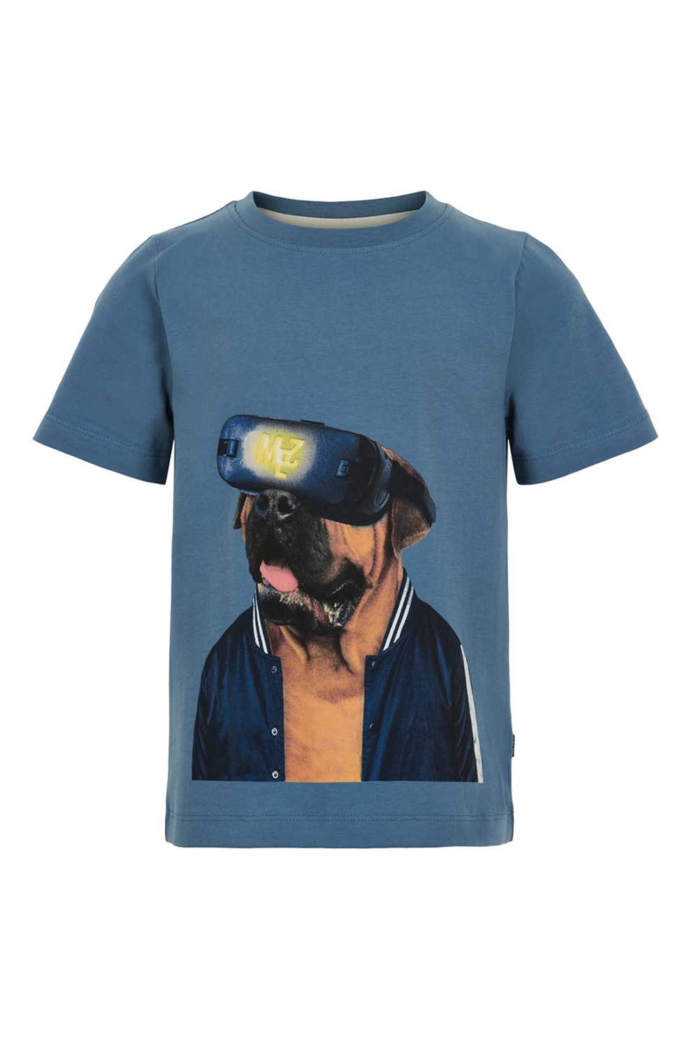 Minymo, Tricou cu decolteu rotund si imprimeu grafic, Albastru prafuit/Oranj