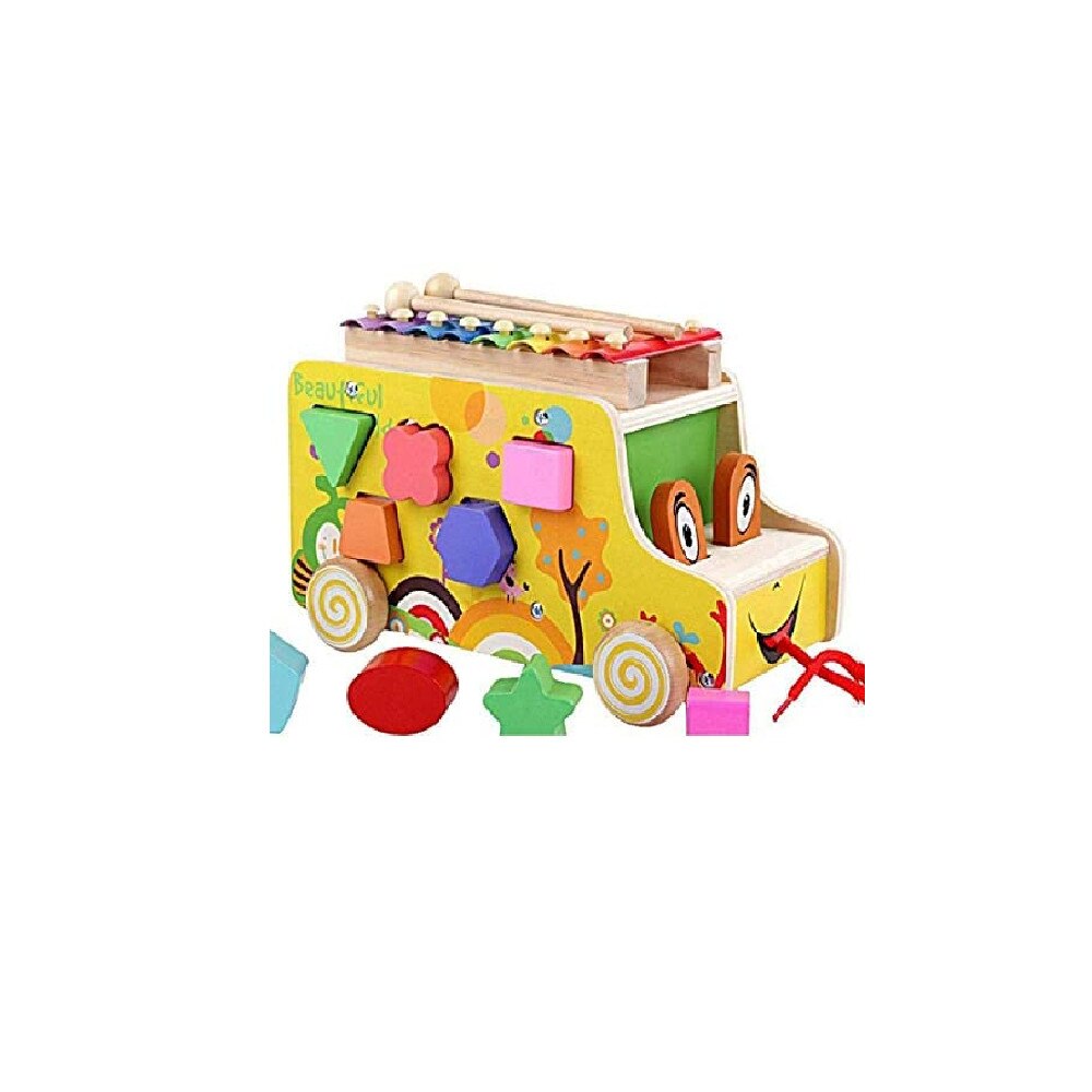 Jucarie multifunctionala educationala Happy Bus AKU®, puzzle forme geometrice si xilofon, snur pentru tras, lemn ecologic, culorii vii netoxice, AK8045